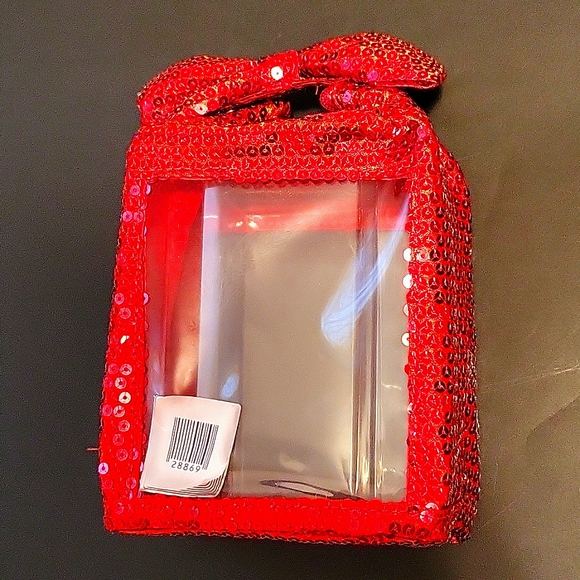NEW Red Sequined Novelty Evening Clutch, Bow Handle, Transparent Sides, Bow - Picture 2 of 9